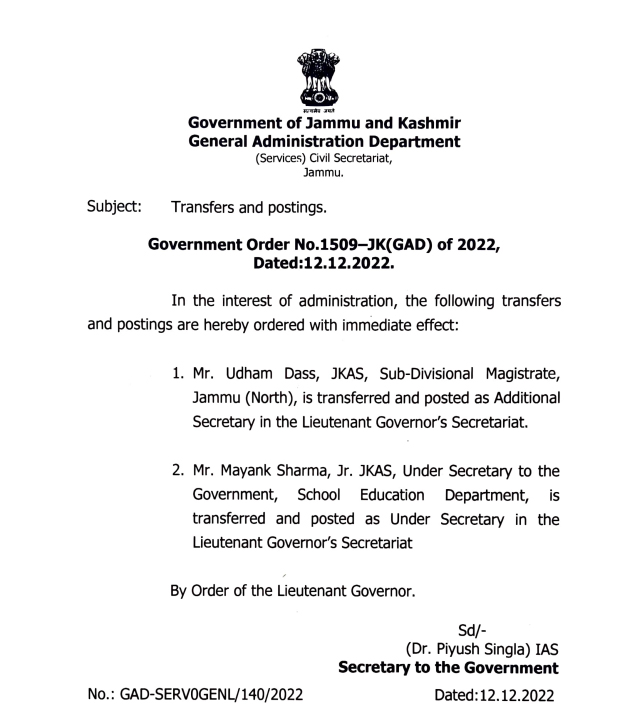 J&K Govt Orders Transfers, Postings Of JKAS Officers – JK Post